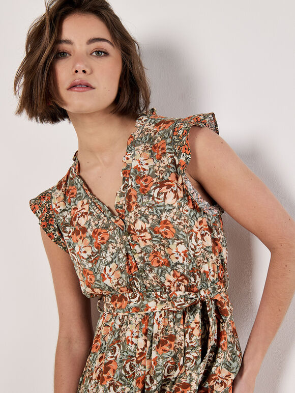 Ditsy Floral Ruffle Mini Dress, Khaki, large