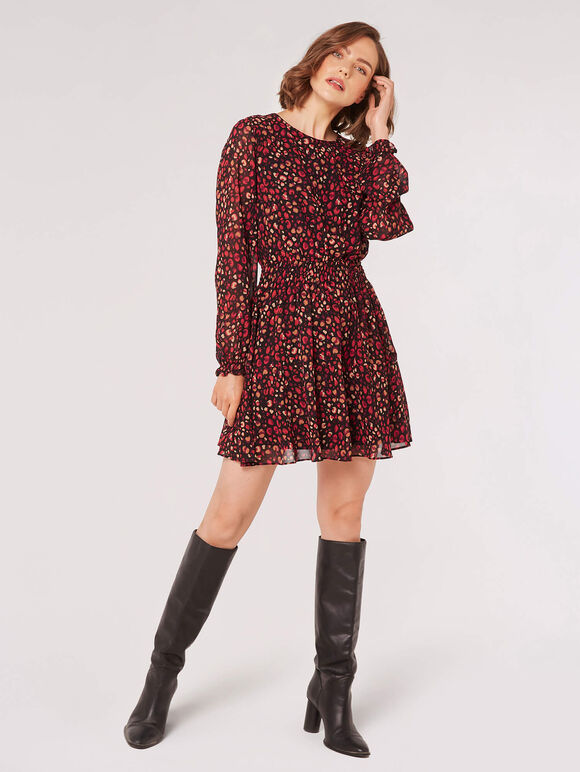 Animal Print Chiffon Mini Dress, Burgundy, large