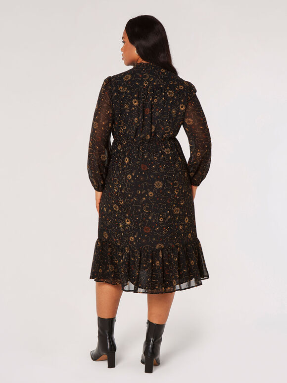 Curve Constellation Ruffle Midi Dress, Black, large
