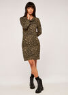 Leopard Print Flap Neck Swing Dress, Stone, large