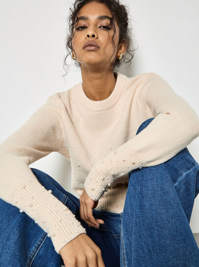 Pearl Embellished Ribbed Knit Jumper