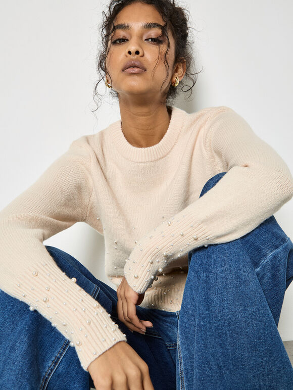 Pearl Embellished Ribbed Knit Jumper, Stone, large
