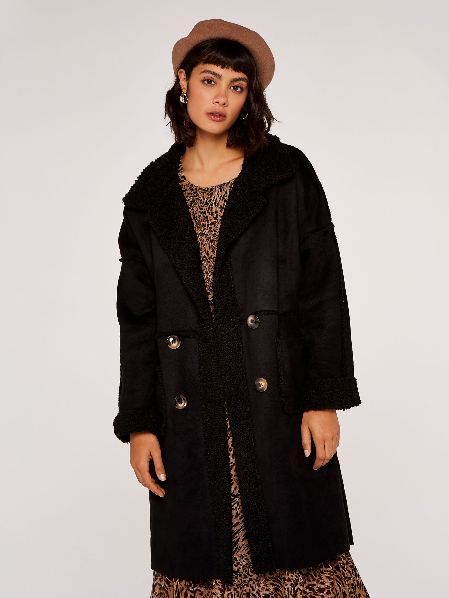 Aviator Soft Trim Suedette Coat Apricot Clothing
