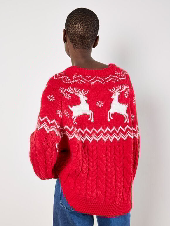 Reindeer Chunky Cable Knit Jumper, Red, large