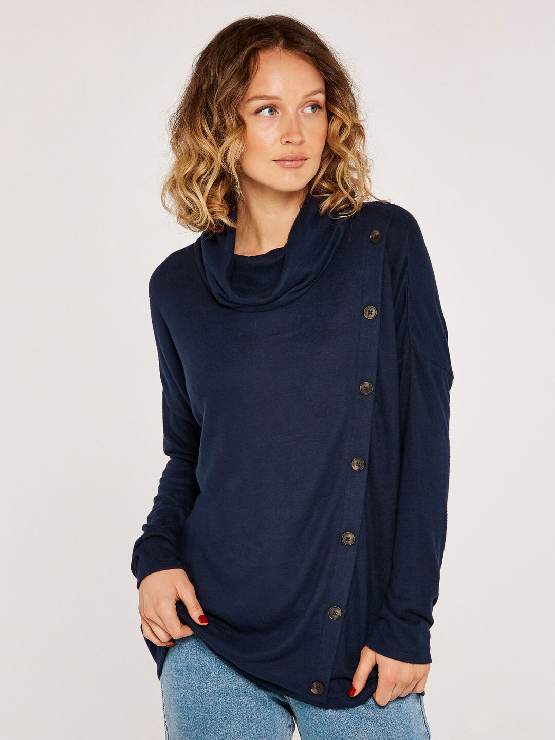 Soft Marl Mock Neck Button Front Top