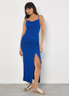 Ruched Ribbed Bodycon Midi Dress, Blue, large