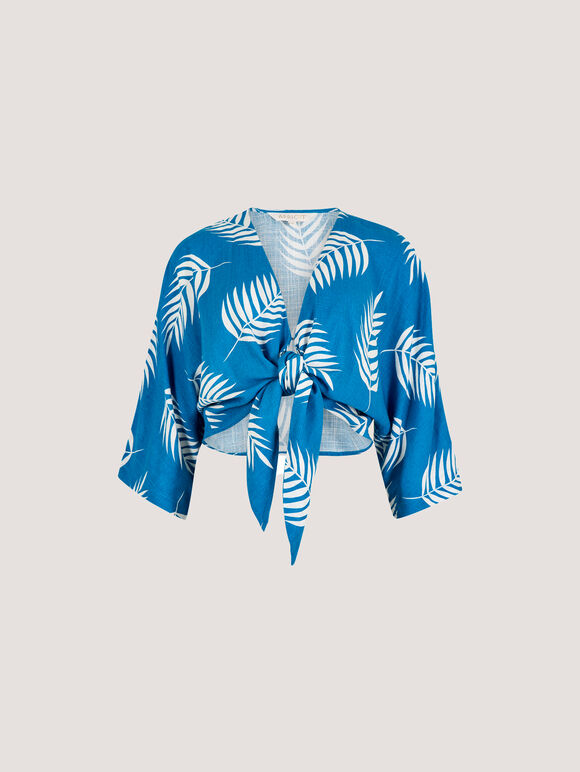 Tropical Leaf Tie Hem Crop Top, Blue, large