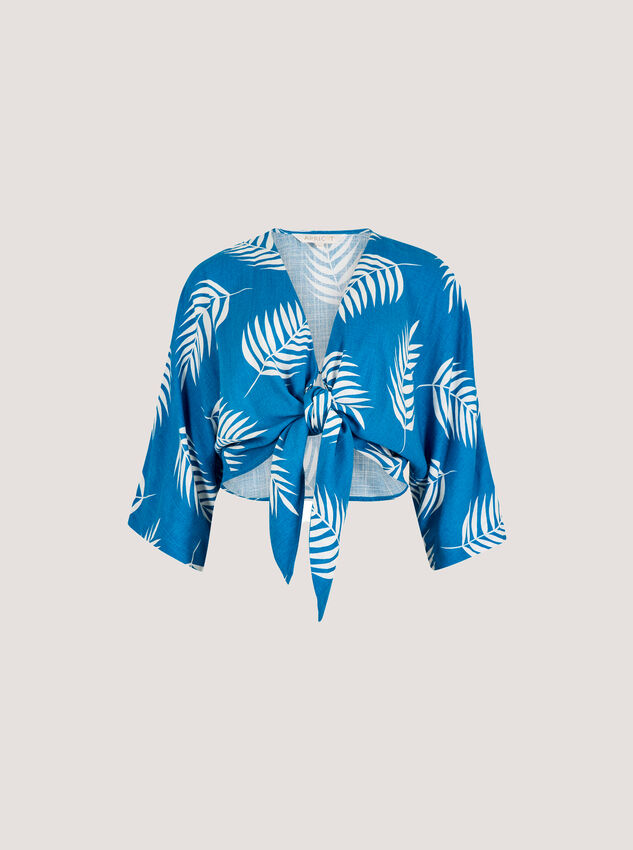 Tropical Leaf Tie Hem Crop Top, Blue, large