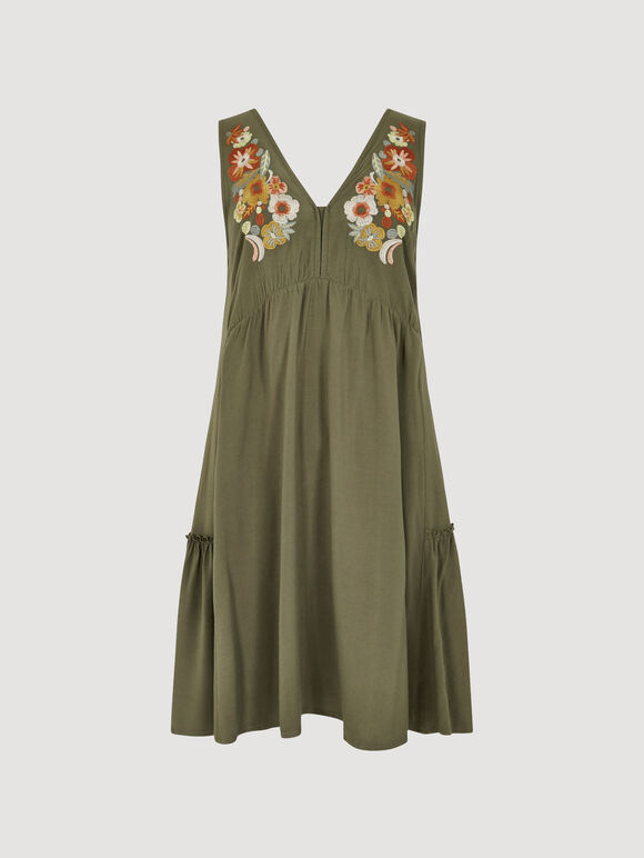 Embroidered Blooms Swing Mini Dress, Khaki, large