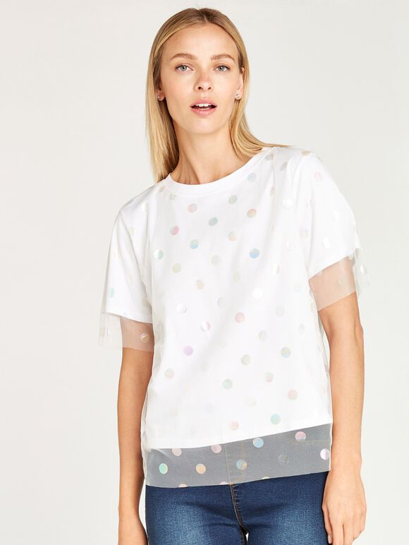 Metallic Mesh Layer Tee, White, large