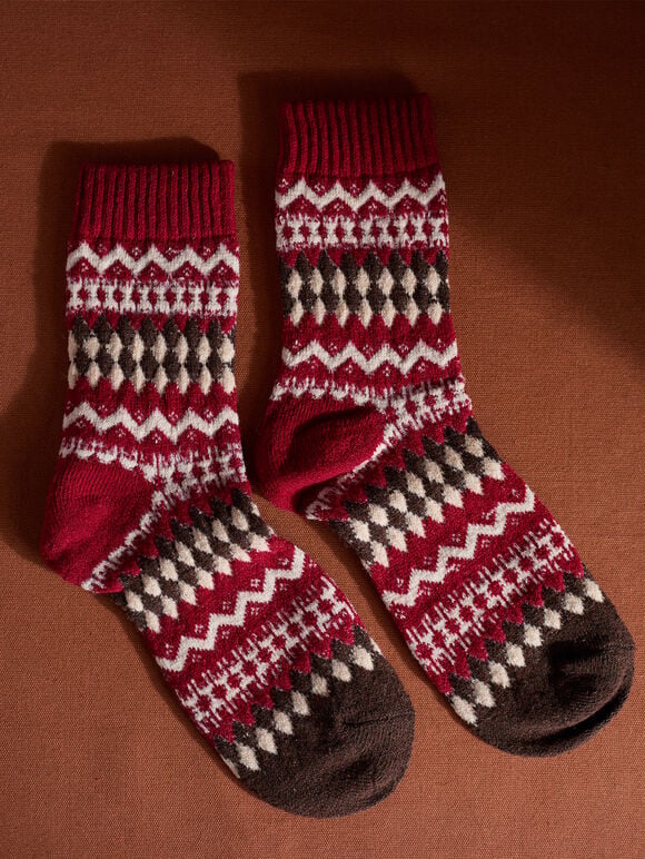 Fair Isle Patterned Socks, Red, large