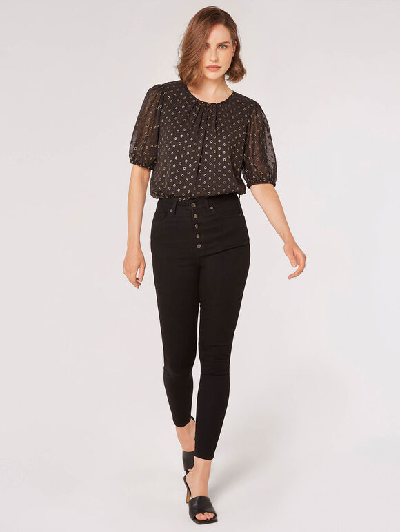 Foil Spot Pintuck Blouse, Black, large