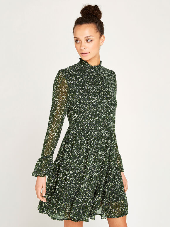 Micro Ditsy Tiered Chiffon Dress, Green, large