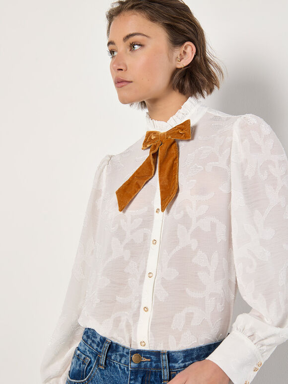 Embroidered Leaf Chiffon Blouse, Cream, large