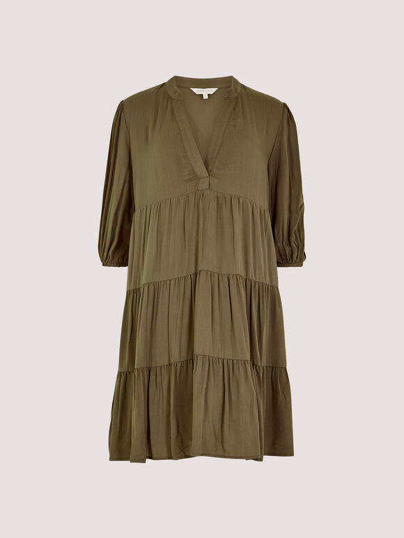 Herringbone Tiered Mini  Dress, Khaki, large