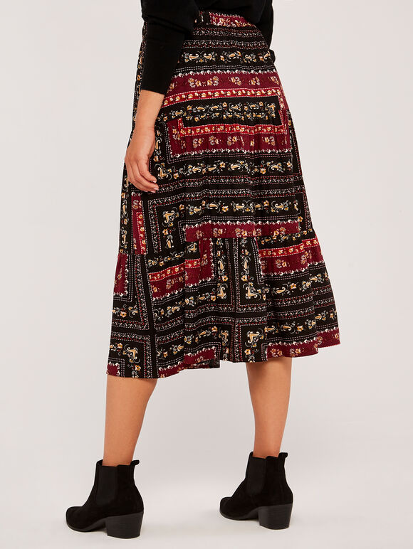 Scarf Print Skirt, Burgundy, large