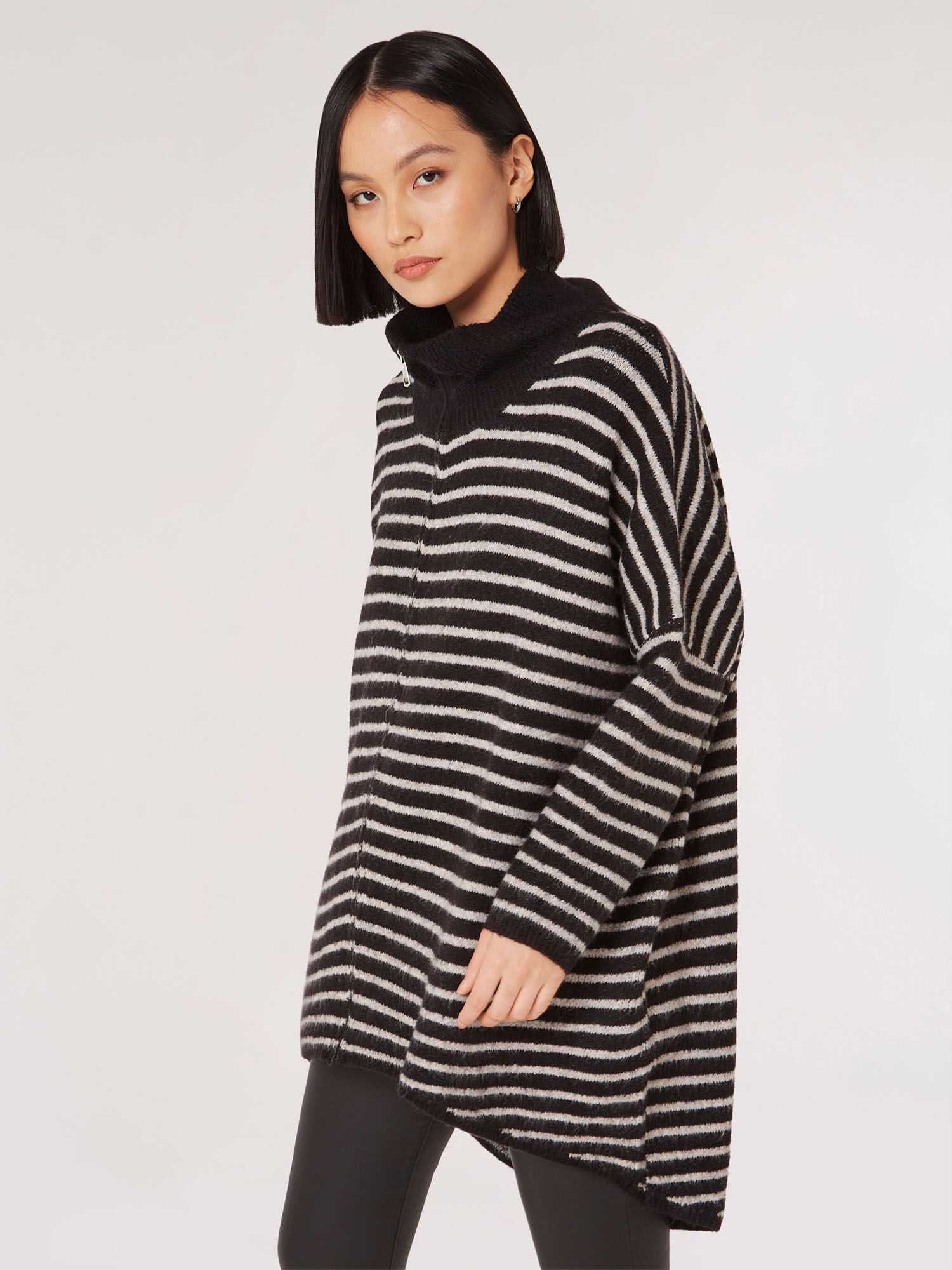 Stripe Knitted Longline Zip Jumper Apricot Clothing