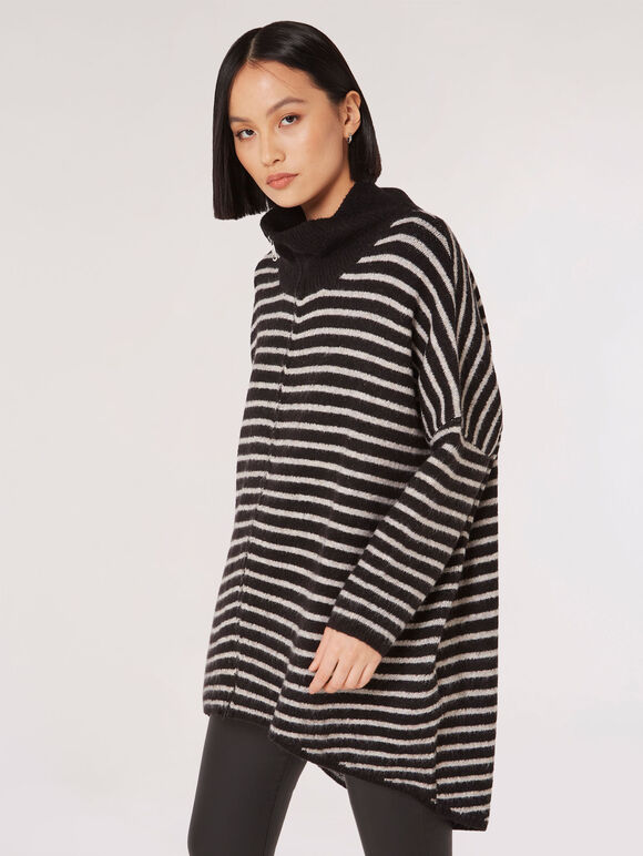 Stripe Knitted Longline Jumper, Black, large