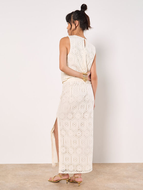 Crochet Lace Side Split Maxi Skirt, White, large