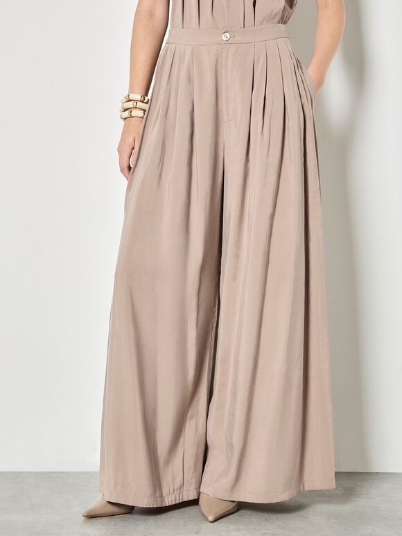 Soft Pleat Wide-Leg Trousers, Stone, large