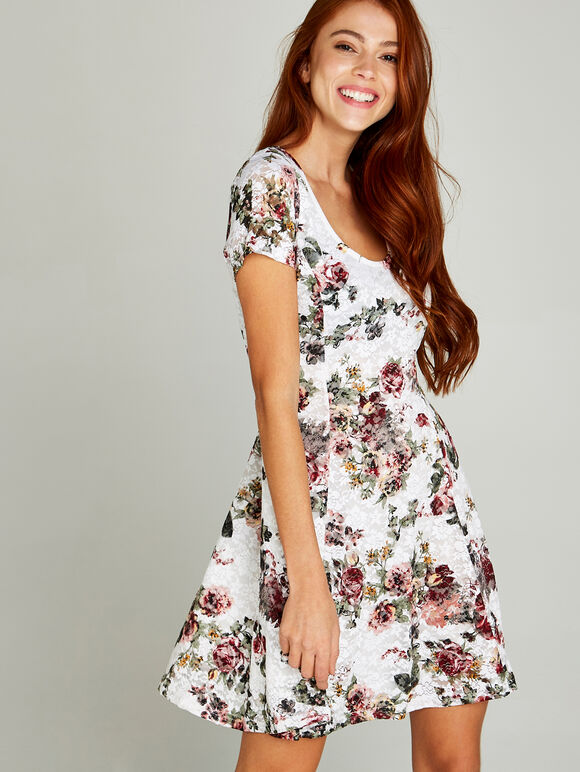 Floral  Skater Dress, Cream, large