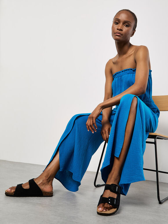 Cotton Wrap Bandeau Jumpsuit, Blue, large