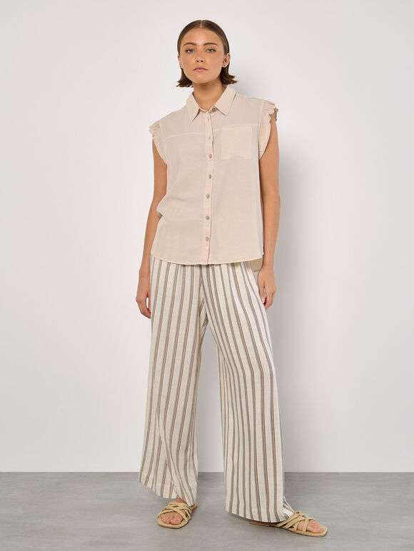 Ruffle Sleeve Soft Slub Blouse, Stone, large