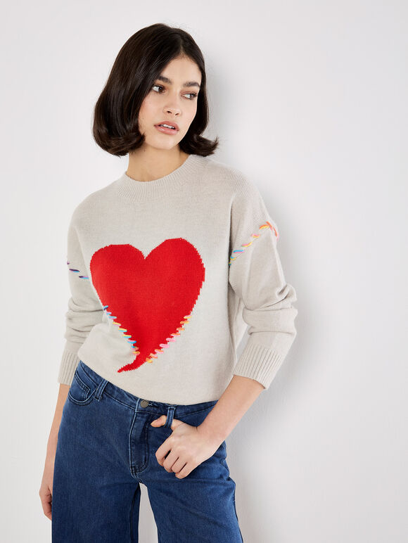Colourful Stitch Heart Jumper, Stone, large
