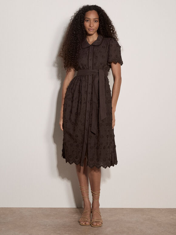Cotton Floral Embroidered Midi Dress, Brown, large