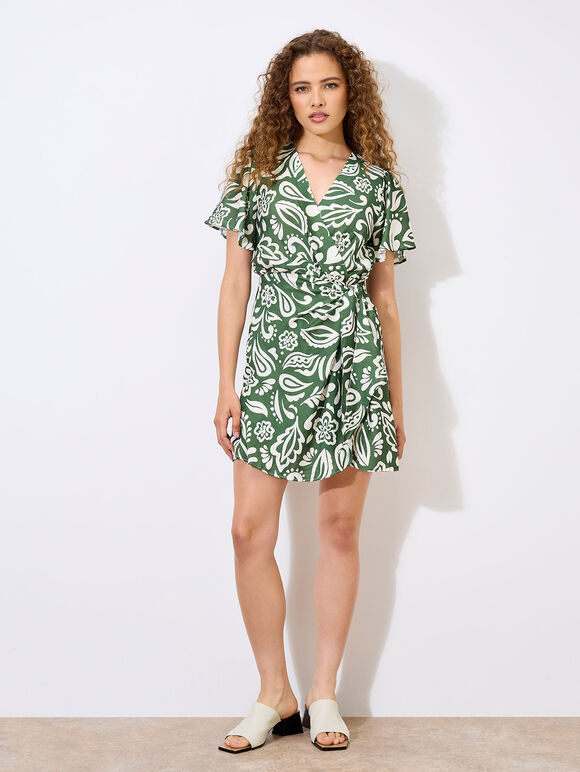 Floral Paisley Wrap Mini Dress, Green, large