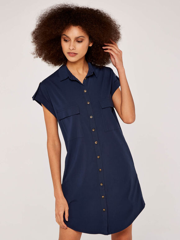 Sleeveless Utility Shirt Dress, Navy, large