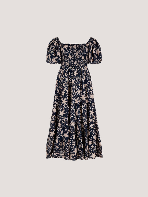 Sarasa Floral Tiered Midi Dress, Navy, large