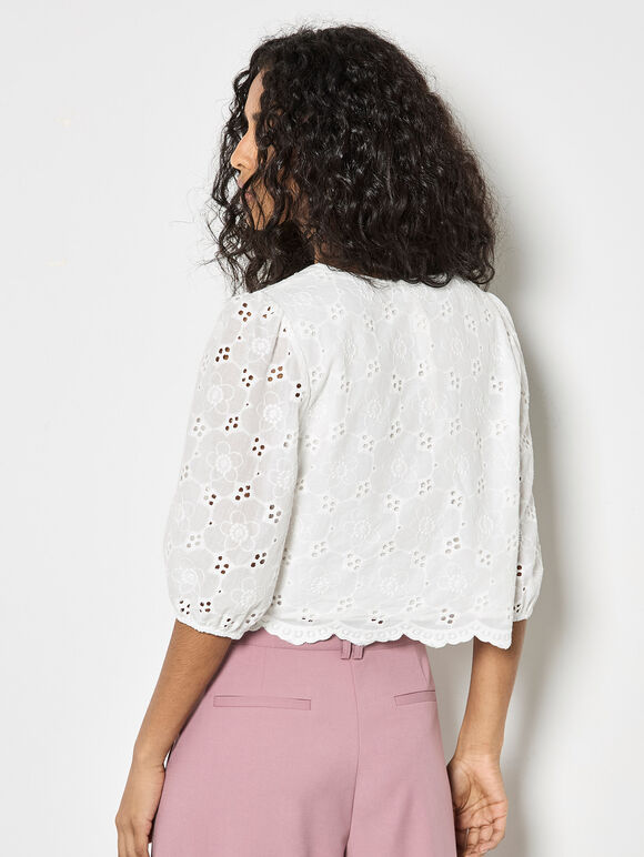 Daisy Broderie Anglaise Button Top, White, large