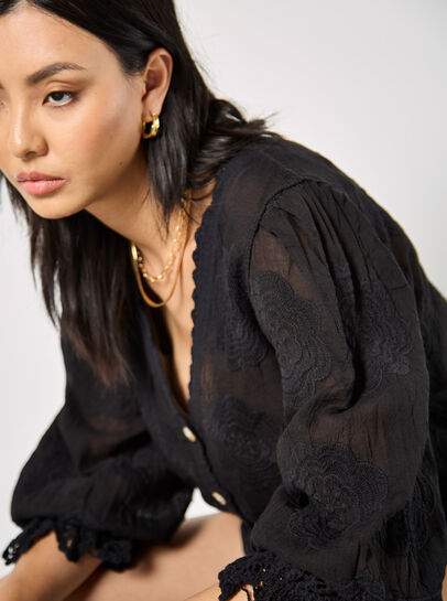 Embroidered Daisies Cotton Crochet Lace Blouse