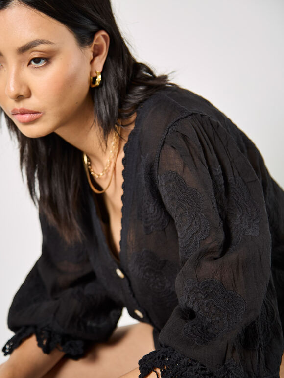 Embroidered Daisies Lace Blouse, Black, large