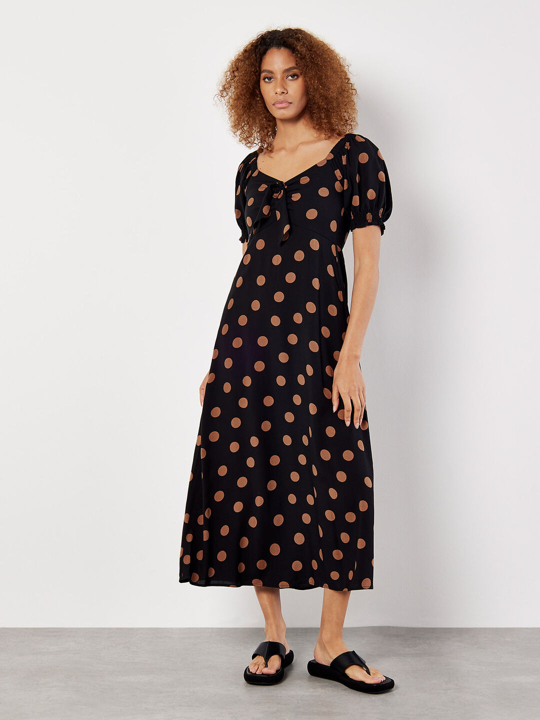 Image of Polka Dot Bow Detail Midi Dress