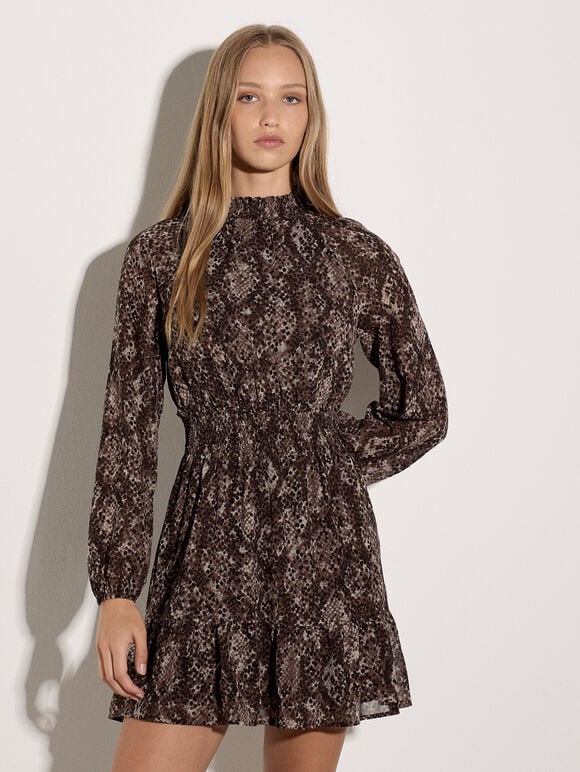 Snakeskin Chiffon Mini Dress, Mocha, large