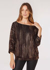 Metallic Sparkle Oversized Jersey Top , Brown, large