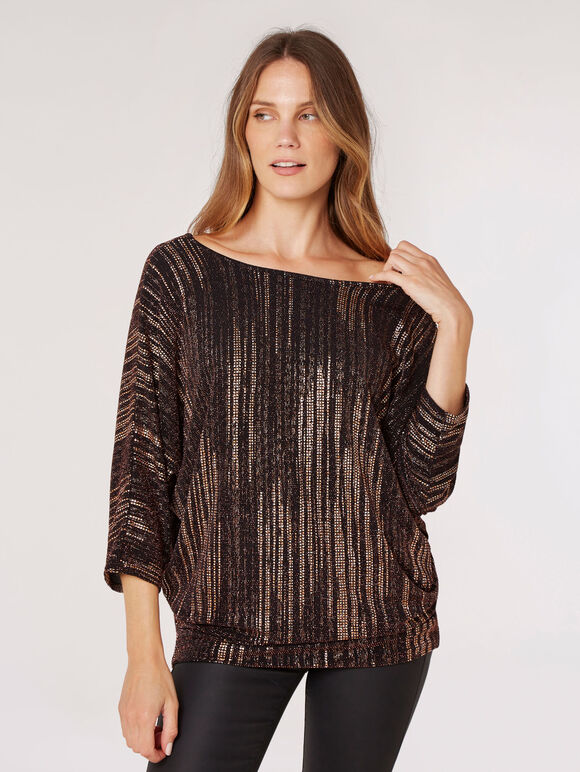 Metallic Sparkle Oversized Jersey Top , Brown, large