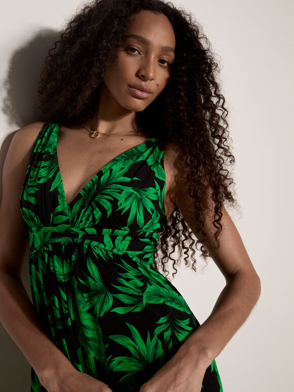 Tropical Leaf Jersey Maxi Dress, Black, large