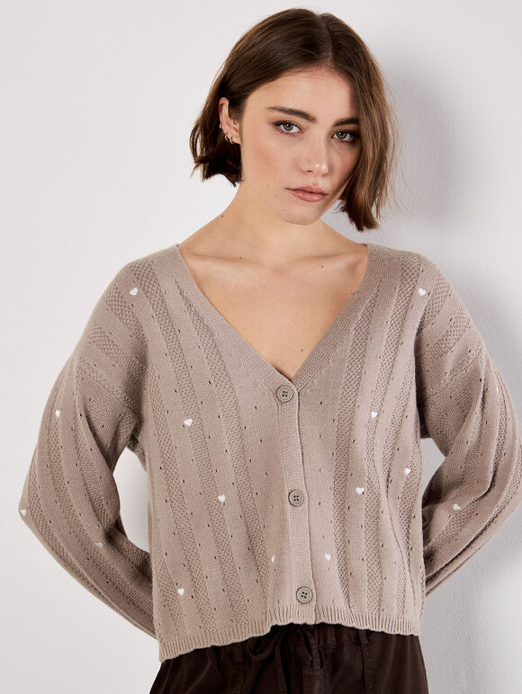 Embroidered Heart Pointelle Cardigan, Brown, large