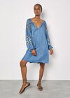 Aztec Embroidered Denim Mini Dress, Blue, large