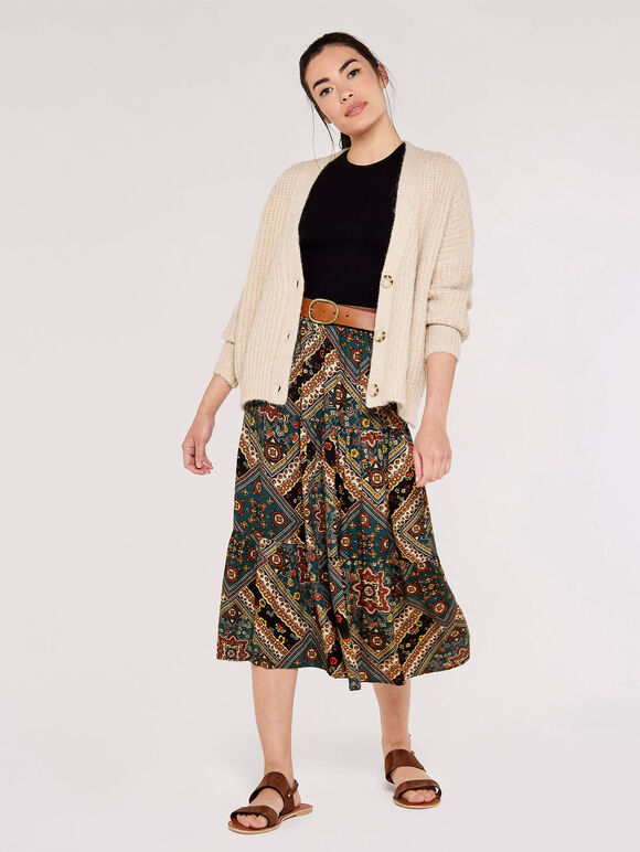 Scarf Print Tiered Skirt, Black, large