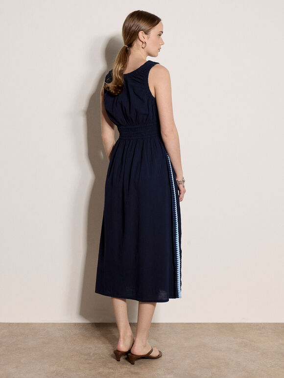 Crochet Trim Smocked Midi Dress, Navy, large