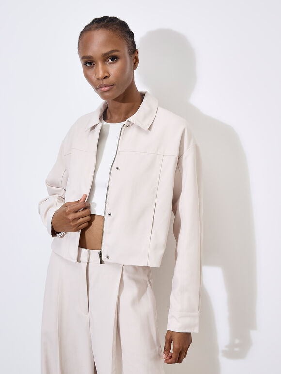 Soft Tailored Cropped Jacket, Stone, large