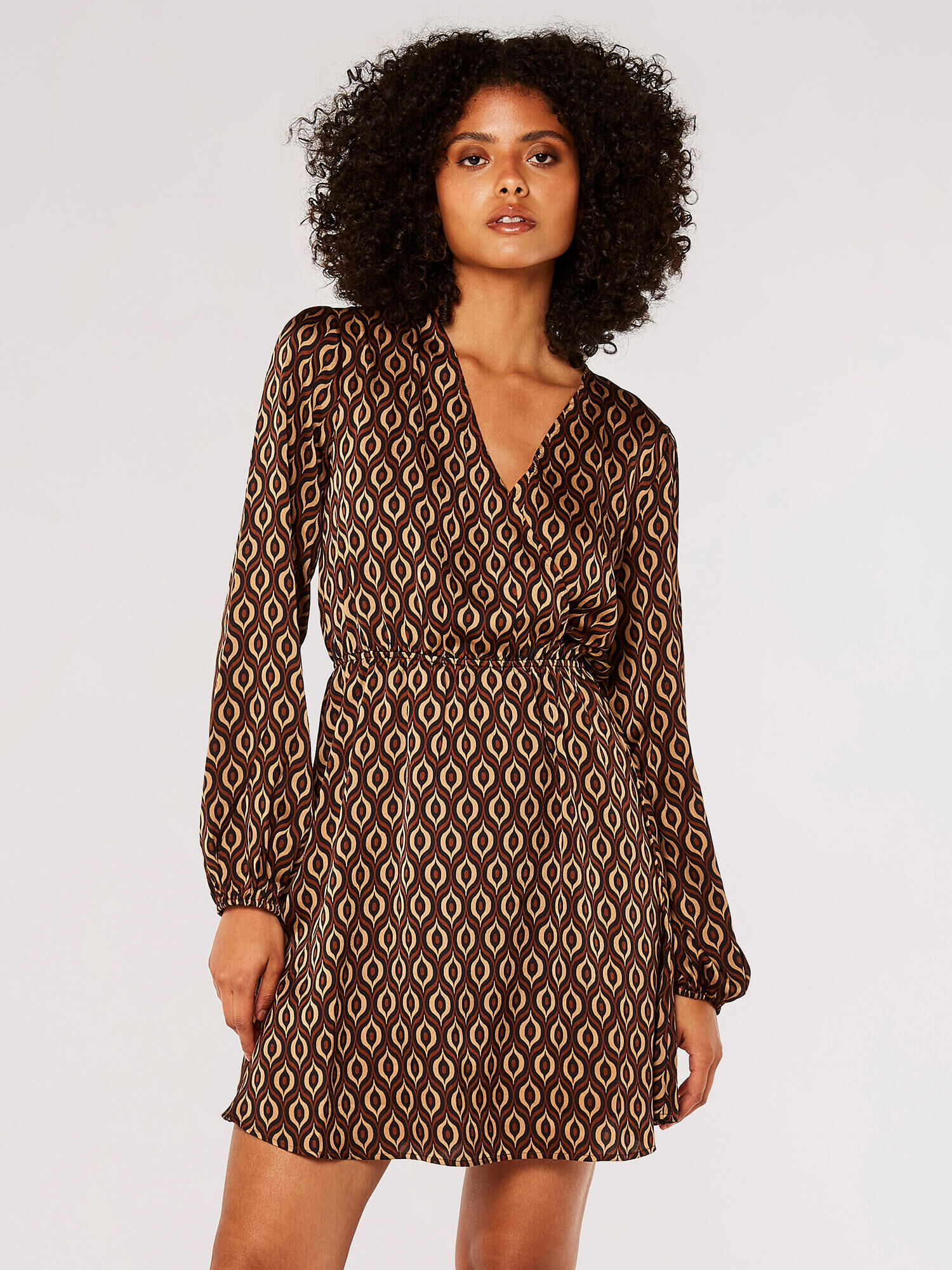 Geometric Satin Wrap Mini Dress Apricot Clothing