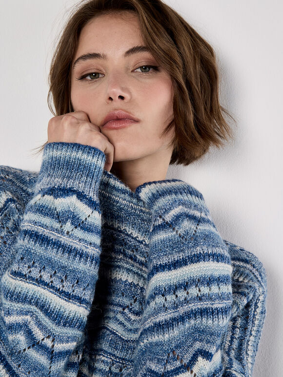 Pointelle Knit Stripe Jumper, Blue, large