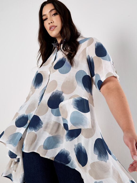 Painted Circles Oversized High-Low Shirt, Navy, large
