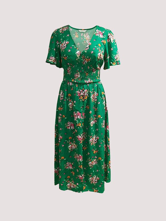 Smocked Bodice Midi Dress, Green, large