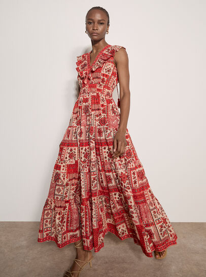 Shimmer Scarf Print Cotton Midaxi Dress